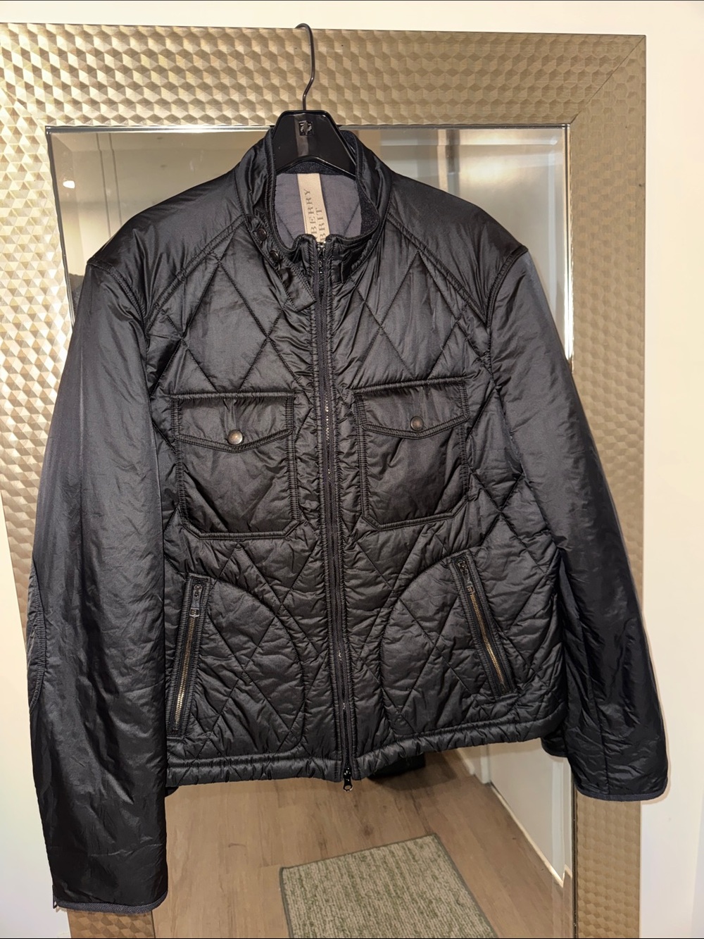 Burberry Black Quilted Utility Jacket with Check Cuff Detail